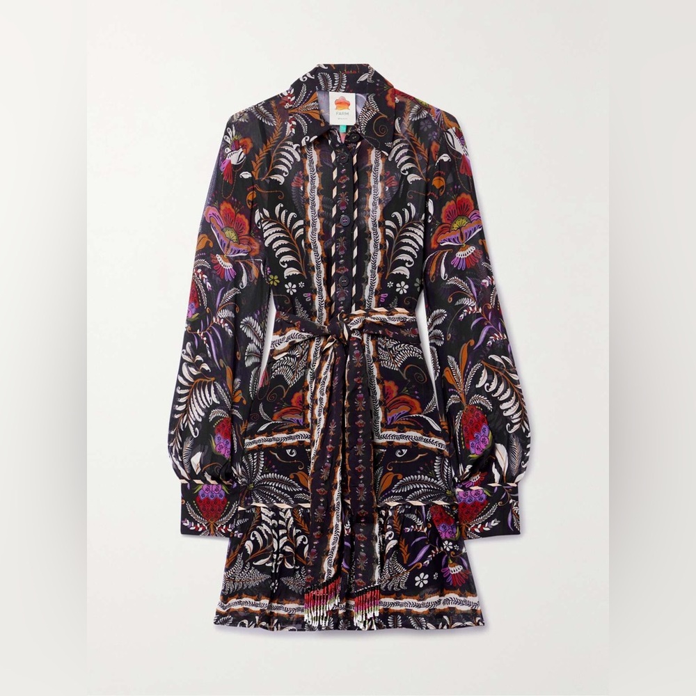 NWT Farm Rio Black Classic Garden Long Sleeve Mini Dress